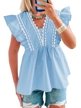Sky Blue Ruffle Trim V-Neck Peplum Blouse
